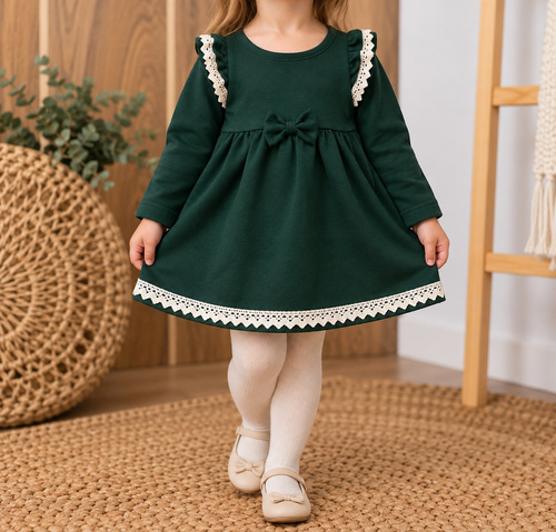 Vestido infantil Mamatti SK519 de algodón con encaje y lazo verde