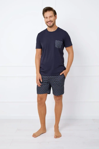Rajmund Pijama de manga corta para hombre, pantalón corto Moda Italiana - azul marino/estampado