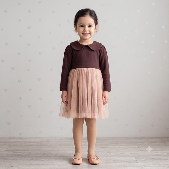 226167 Nicol HANIA Vestido con tul beige marrón manga larga para niña