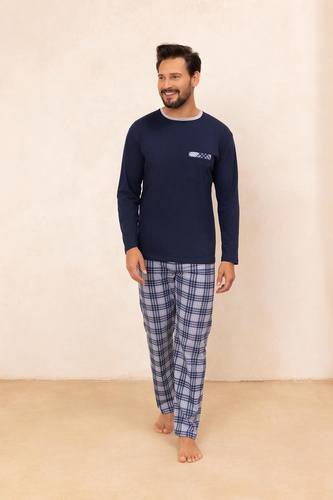 Regina 488 - pijama de hombre de algodón azul marino con mangas largas, corte clásico