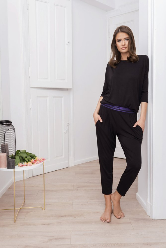 Estilo Conjunto de manga 3/4 para mujer, largo.pantalones moda italiana negro