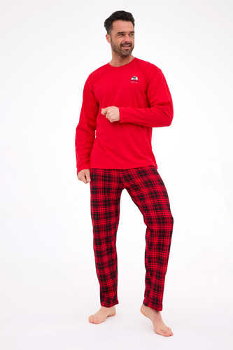 124/305 Denali Cornette- pijama de algodón para hombre, manga larga, rojo, pantalón a cuadros
