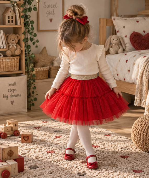 Falda para niña roja ST115 de tul, tul suave, cinturilla elástica metalizada