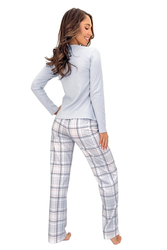 Donna Dani Long pijama larga gris para mujer de algodón con pantalones a cuadros y camiseta de canalé
