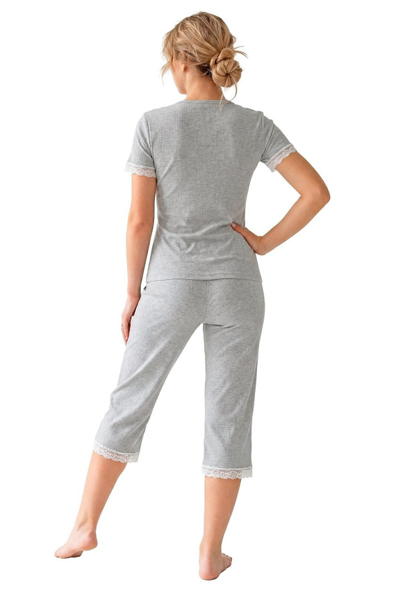Donna Megi Pijama de Mujer Acanalada 3/4 Gris con Encaje y Lazo