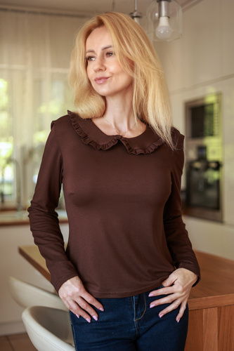 Mirale Anna Blusa de viscosa para mujer con volante y cuello - marrón