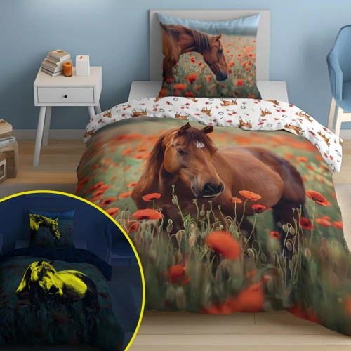 5550 A Fluo 95 Ropa de cama luminosa caballo oscuro en amapolas| 100% algodón | Para niños Detexpol