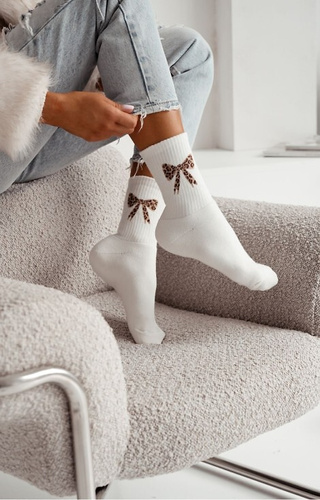 0118-014 Calcetines de rizo para mujer Milena crudo - algodón, con lazo, cálidos