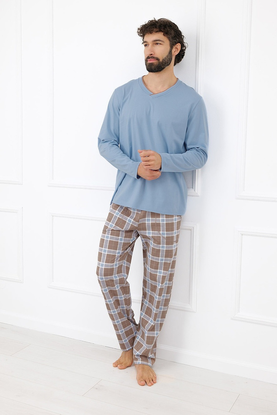 Italian Fashion Dante Pijama para Hombre de Algodón Pantalón Largo a Cuadros - acero