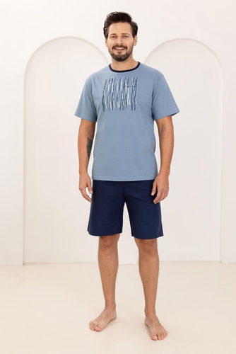 Pijama de hombre 500 Regina azul- 100% algodón, manga corta + pantalón corto, ligero y cómodo para el verano