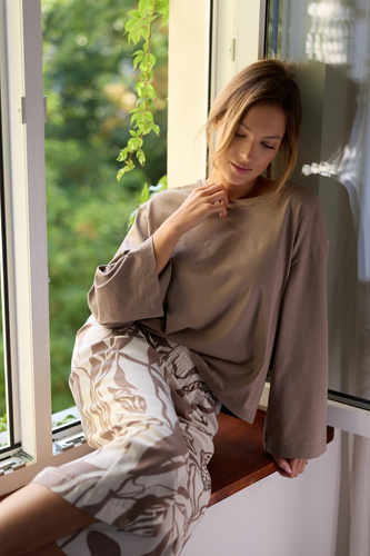 Pijama Mujer Luna PS75 Mefemi by Nipplex mocha - Camiseta Algodón + Pantalón Viscosa 7/8 | Confort y Estilo Premium