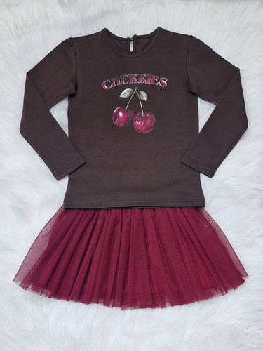 Blusa niña Cerezas Bambarillo algodón chocolate oscuro, manga larga, estampada
