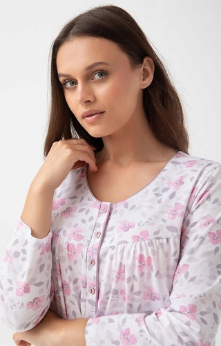 338 Camisón Luna rosa - algodón con estampado floral, largo con botones