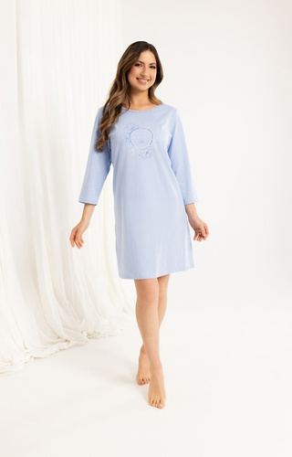 163 Camisón de algodón Regina azul - manga 3/4, estampado, por debajo de la rodilla