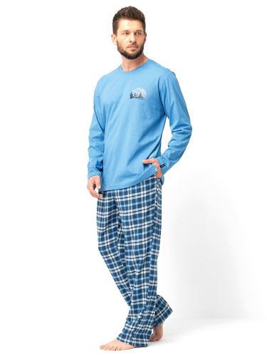 Pijama de hombre MNS 626 Key azul - manga larga, pantalón de franela de algodón