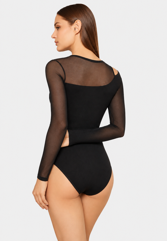 Body de mujer Teyli 2458 negro de viscosa, manga larga y tul