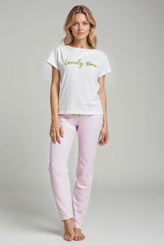 Dana Pijama mujer Sorbetto rosa - 100% algodón, manga corta, pantalón a cuadros, conjunto