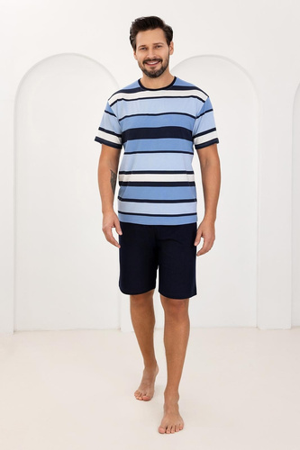 Pijama de hombre 501 Regina azul - 100% algodón, rayas con estilo, manga corta + pantalón corto, perfecto para el verano