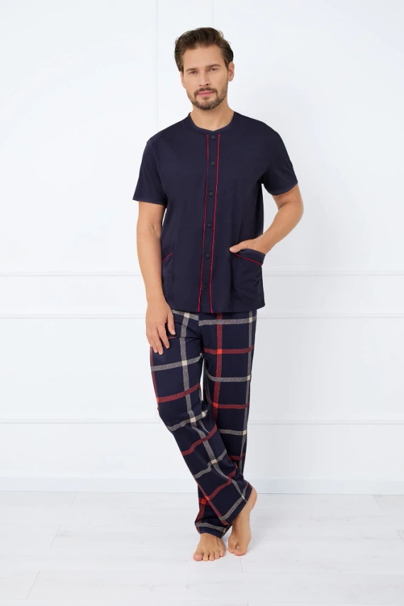 Nelson Pijama hombre manga corta, pantalón largo Moda Italiana - azul marino/estampado