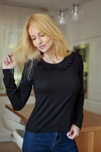 Mirale Anna Blusa de viscosa para mujer con volante y cuello - negra