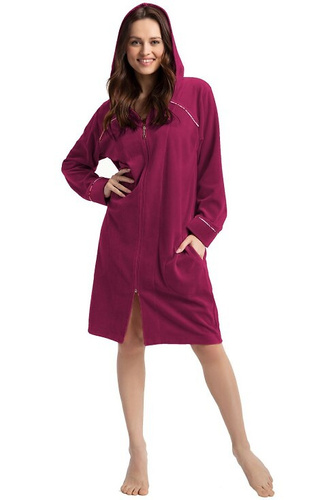 389 Luna Velour albornoz burdeos - albornoz de mujer con capucha, cierre de cremallera, algodón