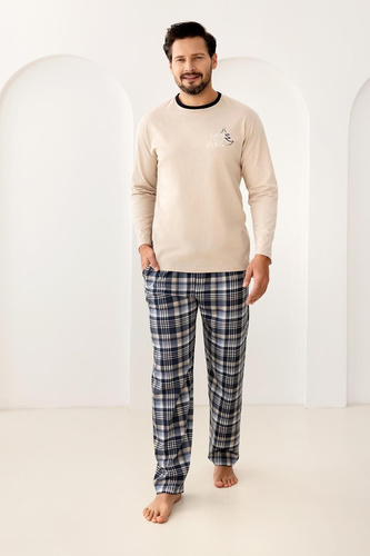 Pijama de hombre Regina 507 beige - algodón, largo, camisa estampada y pantalón a cuadros