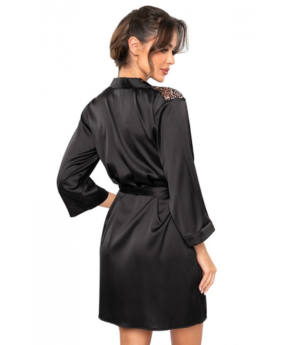 Sabrina Donna bata negra - bata de satén con encaje, atada a la cintura