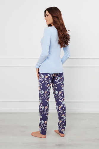 Pulia Pijama de manga larga para mujer, pantalón largo Moda Italiana - azul/estampado