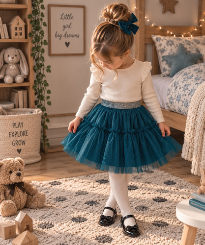 Falda para niña verde ST119 de tul suave metalizado con goma en la cintura