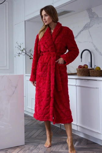 Bata larga de mujer L&L Nella 2645 suave con cuello chal y bolsillos - rojo