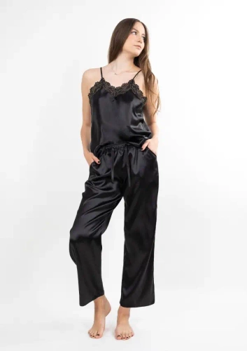 Pijama de satén Tila negro Dkaren - top y pantalón largo ropa de dormir mujer