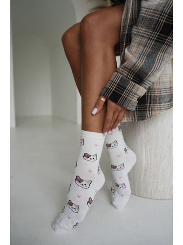 Milena 0200-266 calcetines suaves de algodón para mujer con diseño de gatos y huellas en color ecru