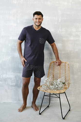 Diaz Pijama de manga corta para hombre, pantalón corto Moda Italiana - azul marino/estampado