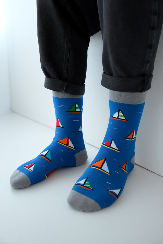 Milena Avangard 0125-117 - Calcetines de algodón para hombre "Veleros" | Producción polaca - denim