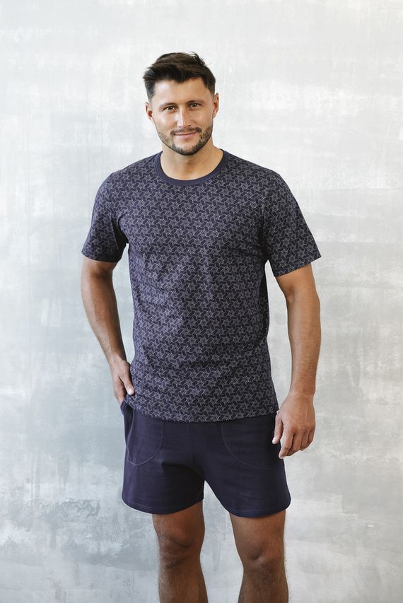 Ricardo Pijama de manga corta para hombre, pantalón corto Moda Italiana - azul marino/estampado