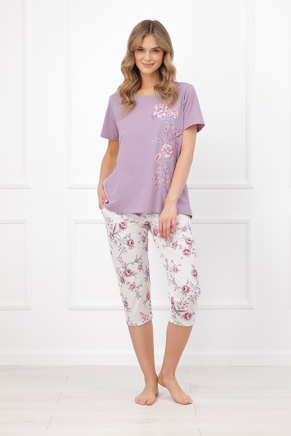Italian Fashion Karilla Pijama de mujer 100% algodón pantalones 3/4 flores