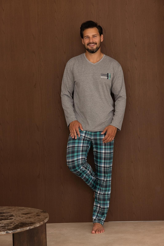 Regina 6011 Pijama para Hombre 100% Algodón Manga Larga Pantalones a Cuadros Gris