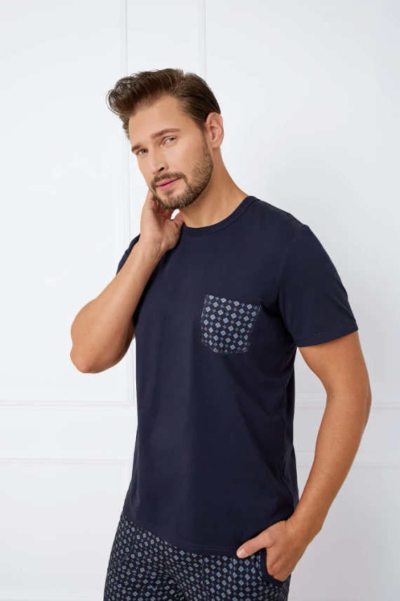 Rajmund Pijama de manga corta para hombre, pantalón corto Moda Italiana - azul marino/estampado