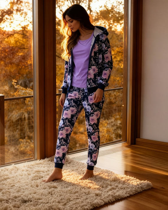 355/464 Pijama de mujer Maddie Cornette - Azul marino 3 piezas con blusa con flores y sudadera con capucha