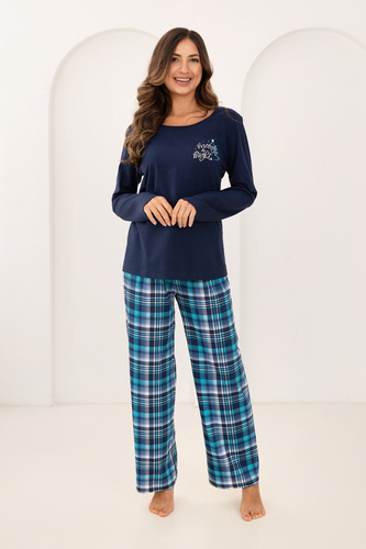 Pijama de señora Regina 743 azul marino - algodón, largo. manga, estampado, pantalón de cuadros