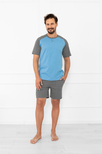 Pijama de hombre Alexander Italian Fashion - manga corta y pantalón corto, 100% algodón - azul/gris