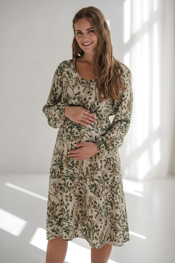 Lovely Dress Midi Milk&Love en flores verdes - vestido de maternidad y lactancia en lino, corte elegante con cremalleras de lactancia