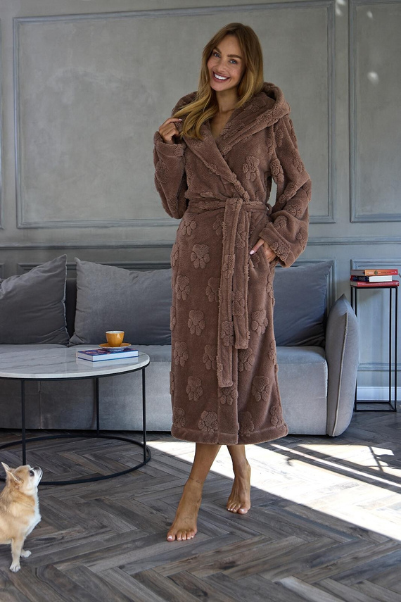 L&L Fibi 2635 Bata larga de mujer con capucha, suave, estampado de huellas de perro - color chocolate