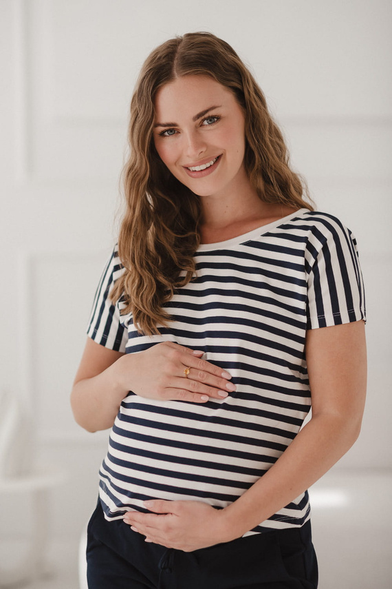 Blusa Embarazo y Lactancia Two Ways | Manga Corta, cómoda Milk&Love rayas azul marino y blanco