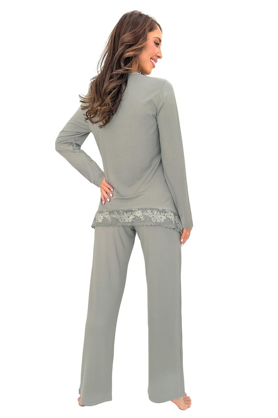 Piżama para mujer Donna Ramona Long viscosa encaje oliva manga larga pantalón largo