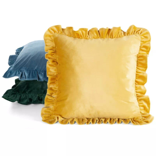 Funda Brenda 45x45 verde salvia terciopelo con volante mustard