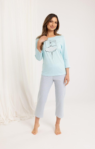 716 Pijama de señora Regina turquesa - algodón, manga 3/4, pantalón 7/8 estampado