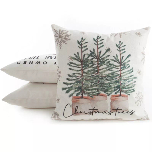 Chp 223 Eurofirany Funda de almohada navideña - crema con árboles de Navidad verdes, decorativa