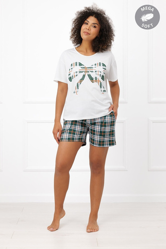 Pijama de mujer Italian Fashion Arwena de algodón, manga corta, pantalones cortos a cuadros ecru