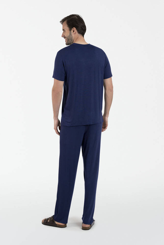 Akord Pijama hombre manga corta, pantalón largo Moda Italiana - azul marino